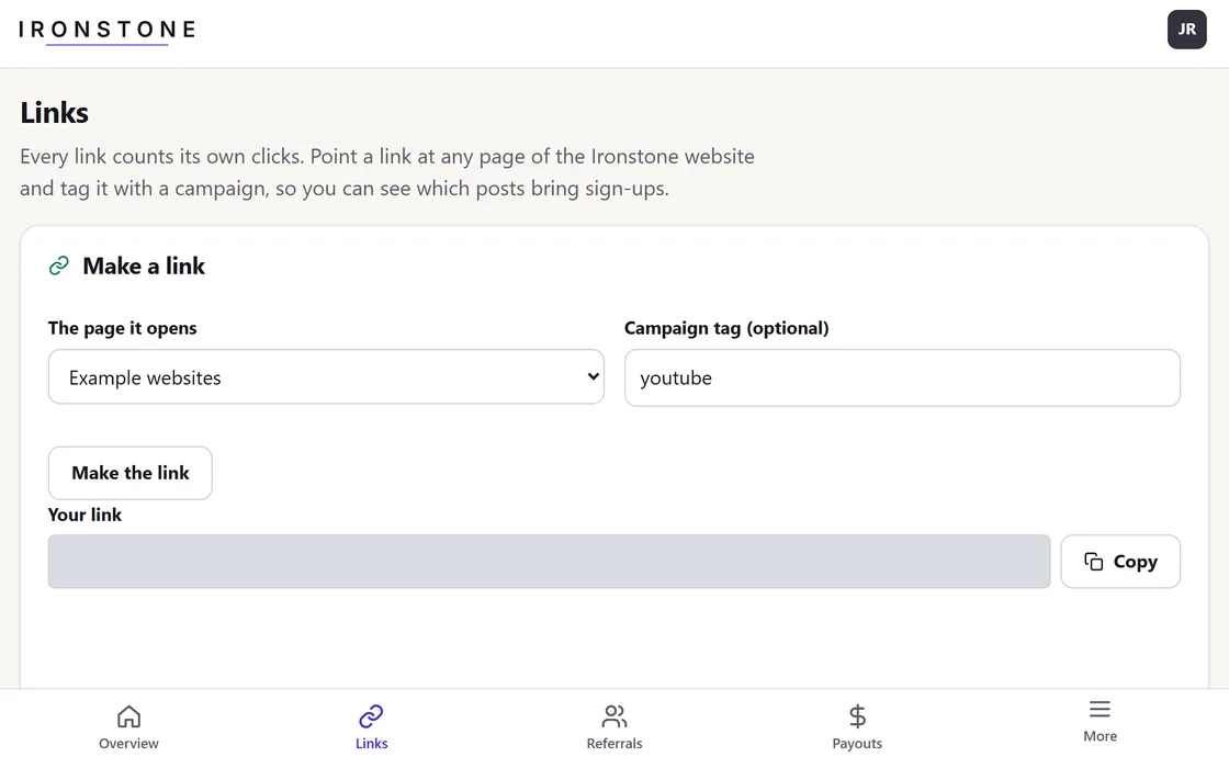 The affiliate's links page: a link to any page of the website with a campaign tag, its QR code, and the campaigns with their clicks and sign-ups.