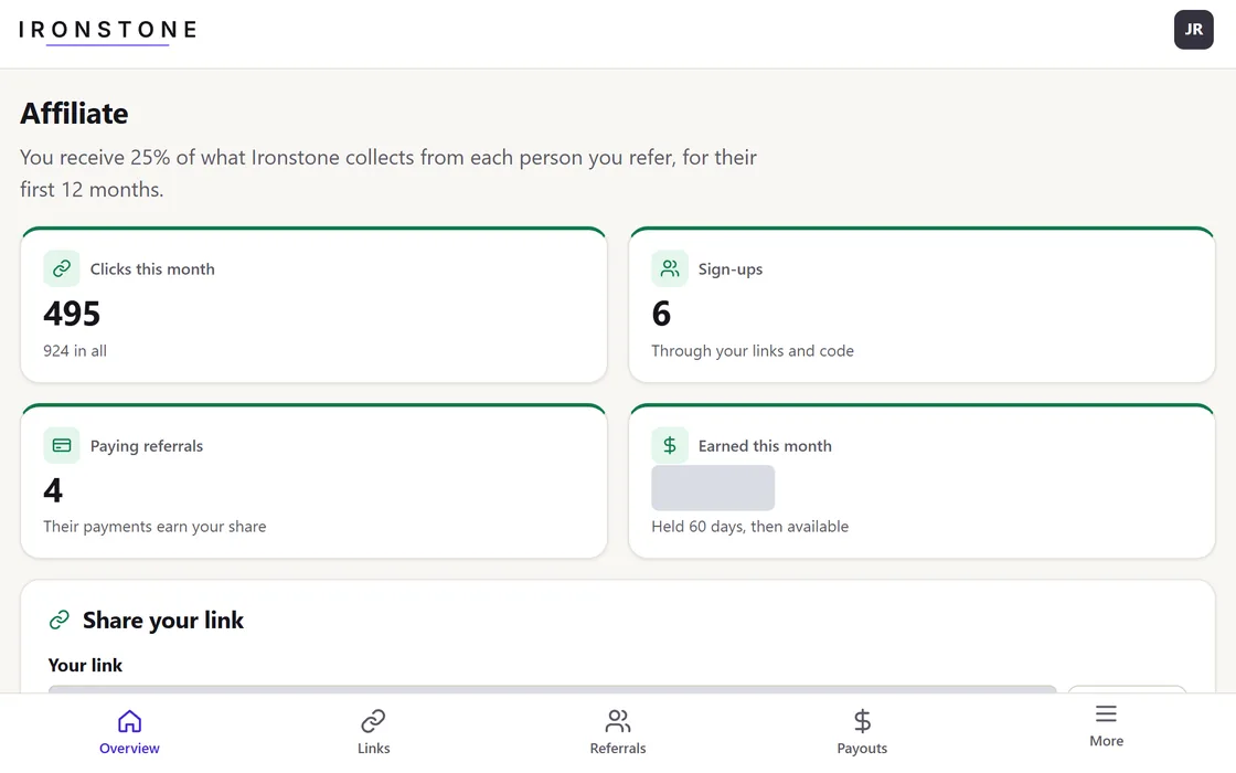 The affiliate overview of a fictional affiliate: clicks, sign-ups and paying referrals this month, the link and the code, where the amounts and the link are covered.