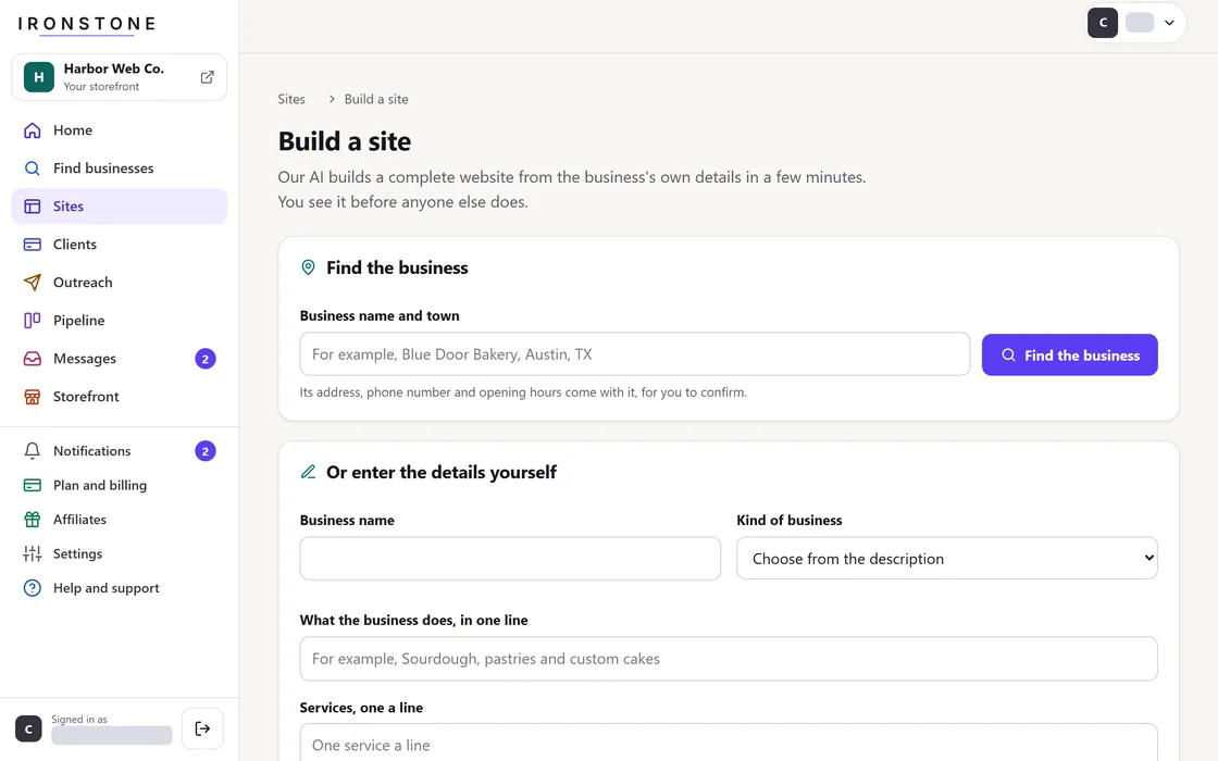 Generate a website: enter the business name and location, or input its details manually.