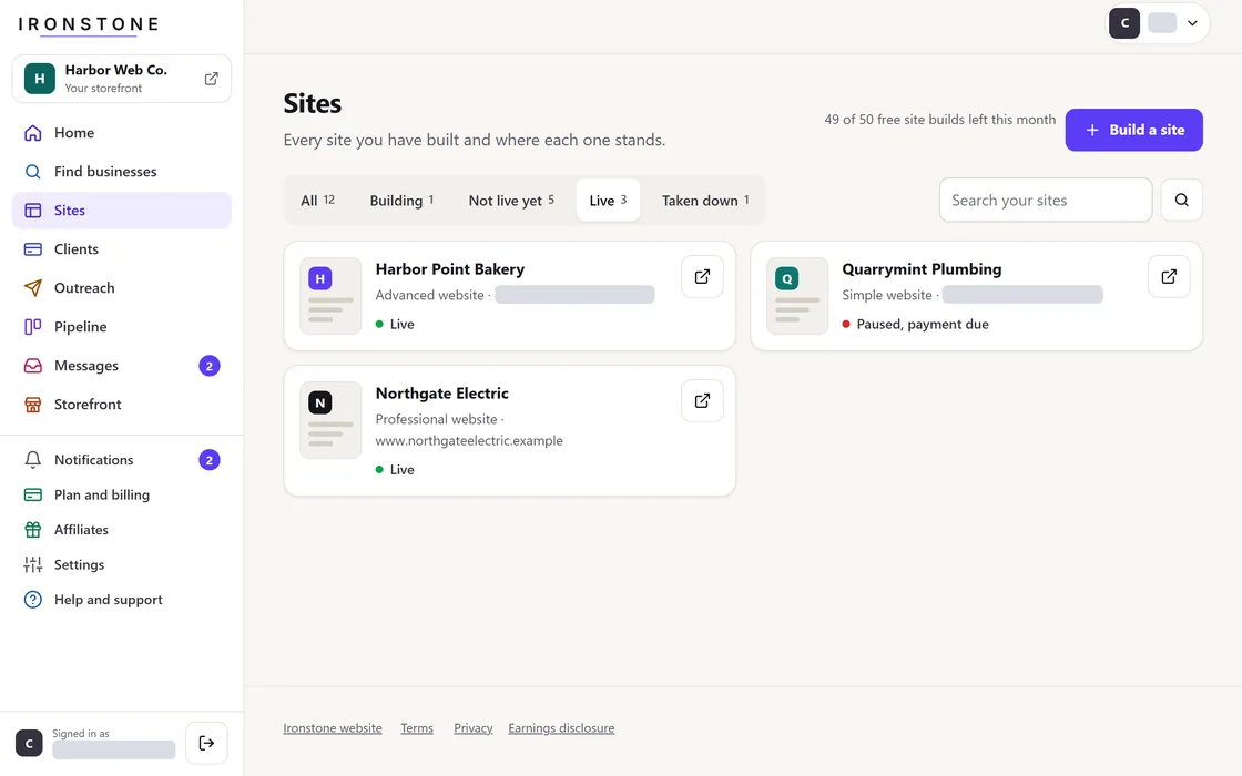 Sites, the live ones: each site with its level and its state, one of them paused because a payment is due.